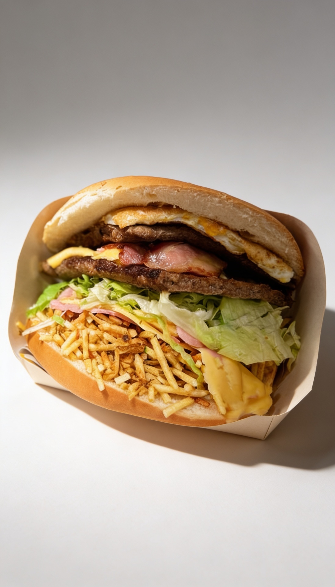 Hamburguesa Los Aldeanos con doble carne, tocineta, huevo y papa palito